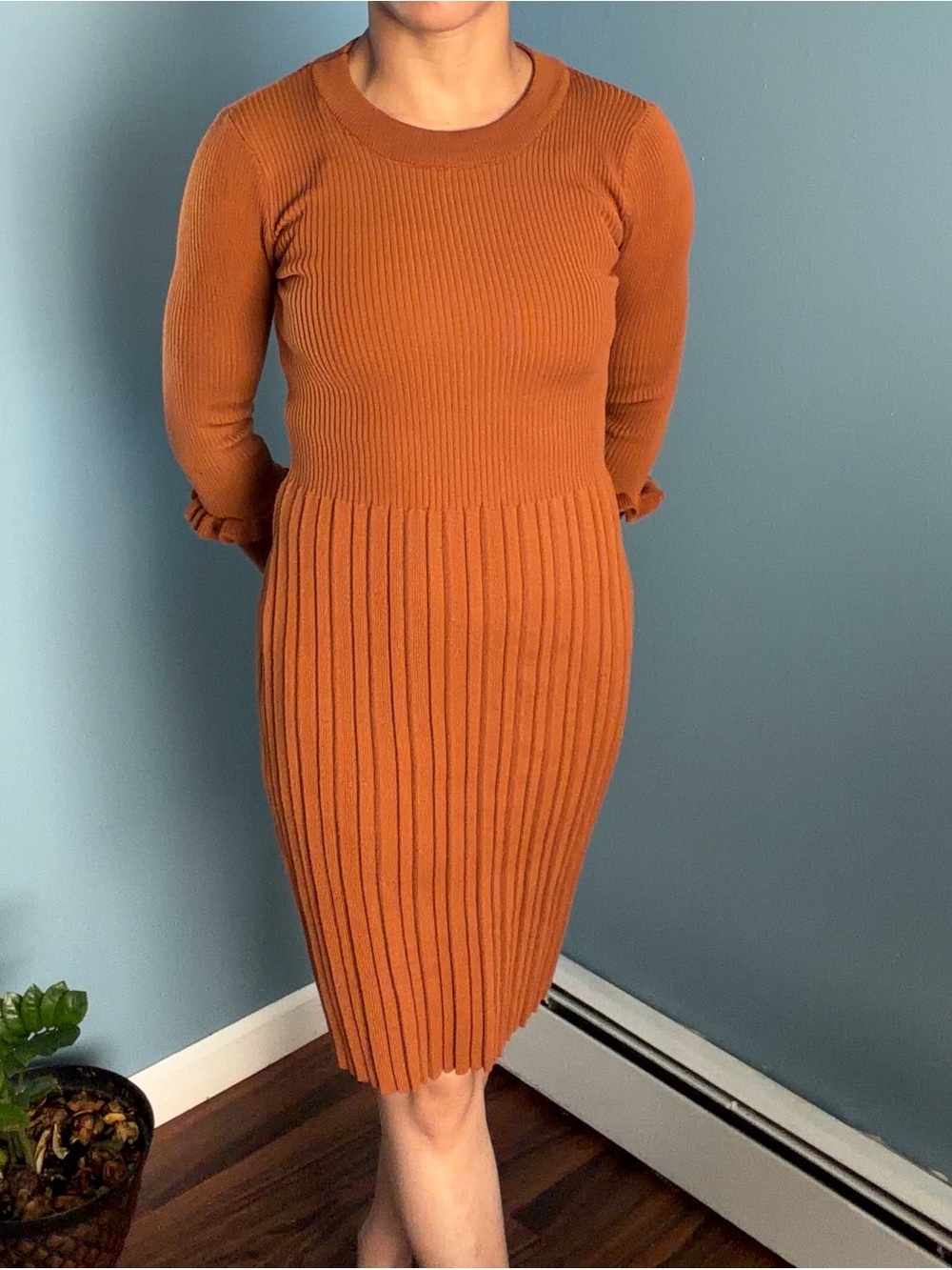 Ribbed Long Sleeve Midi Dress in Burnt Orange S/M